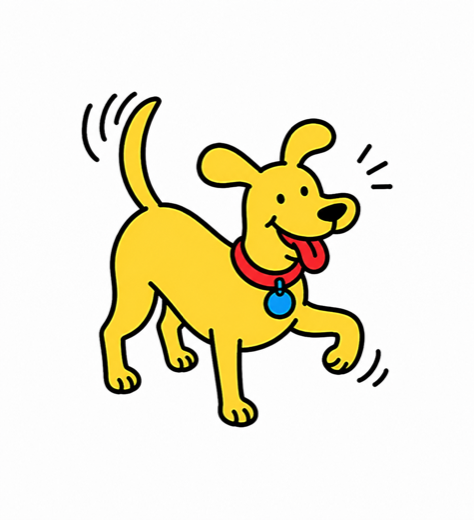 Playful cartoon dog wearing a blue Club 333 permit tag