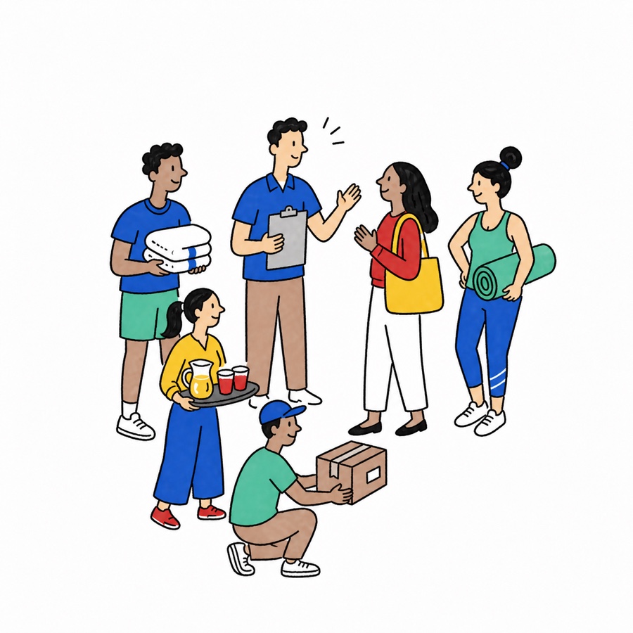 Illustration of the Elite team supporting residents through hospitality, fitness, aquatics, events, and package services